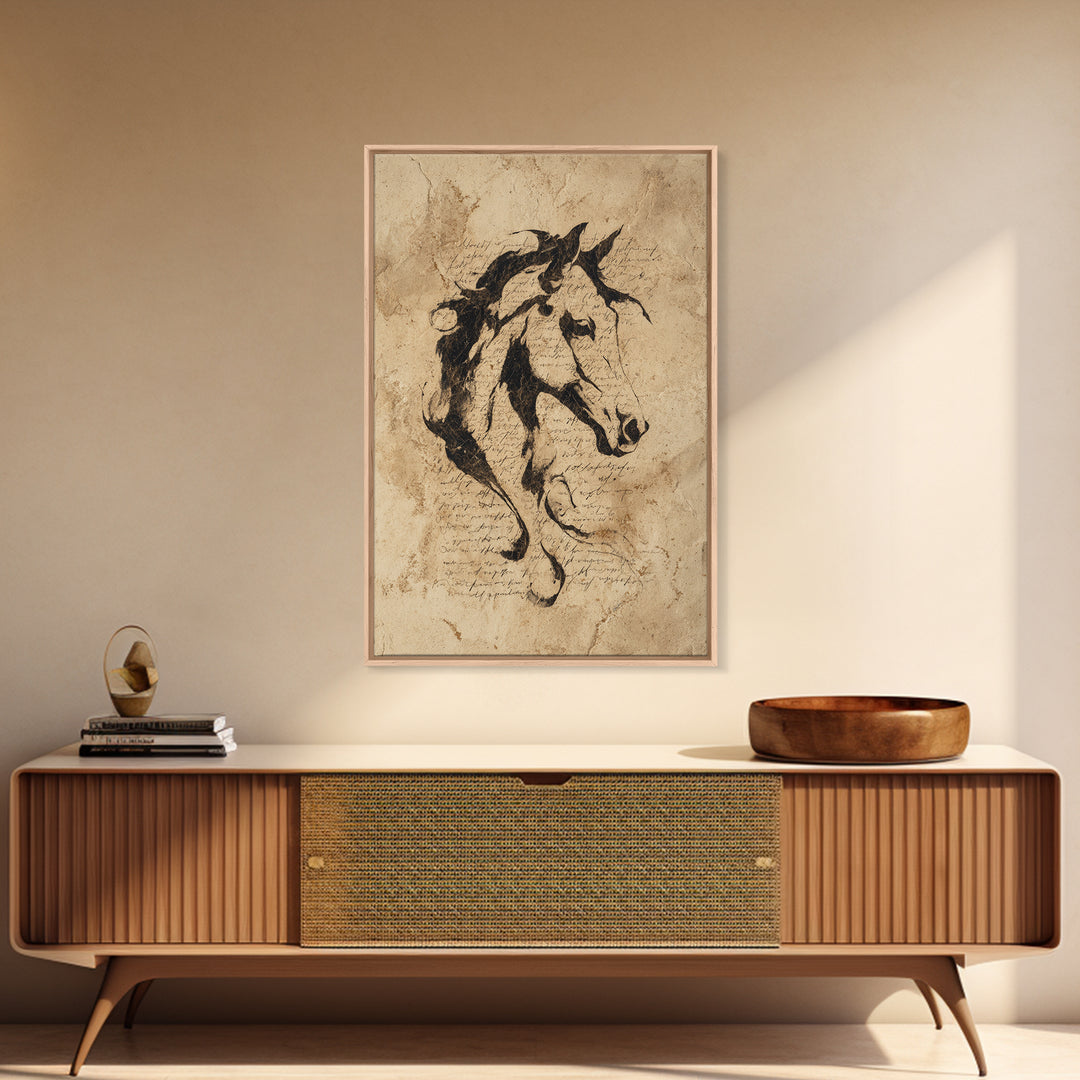 Calligraphic Horse Silhouette Made from One Line Framed Canvas Print, Calligraphy Art, Wall Art, Living Room Decor, Script, CAL-2x3-25