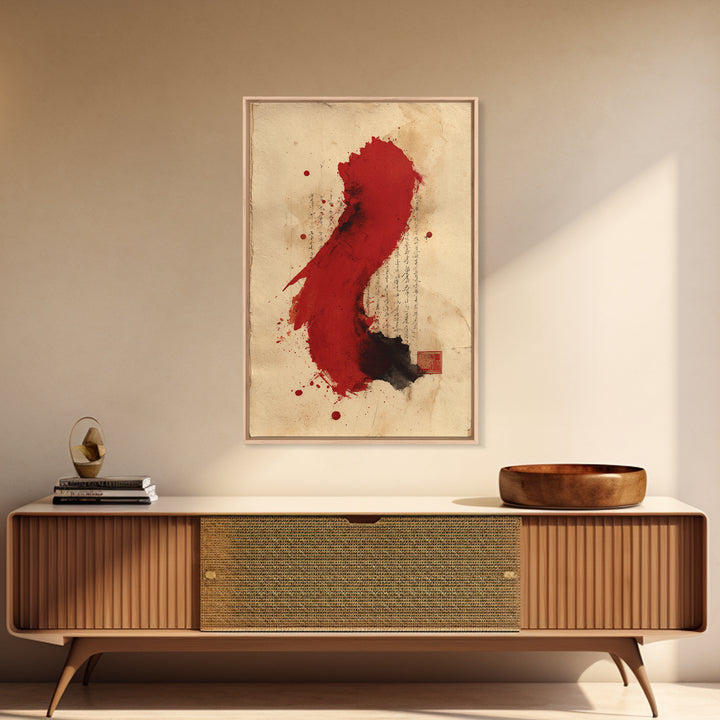 Bold Red Brushstroke Seal Abstraction Framed Canvas Print, Calligraphy Art, Room Decor, Living Room Decor, Fine Art, Script, CAL-2x3-51