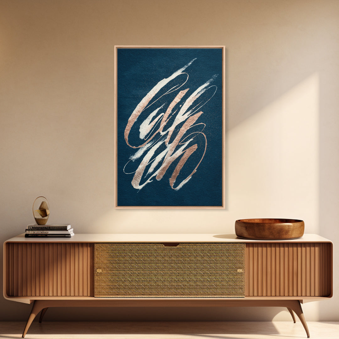 Layered Copper Ink Strokes on Dark Navy Canvas Print, Calligraphy Art, Prints, Living Room Decor, Script, Bedroom Wall Decor, CAL-2x3-62