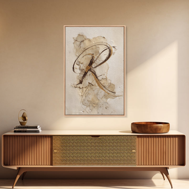 Gold Leaf Calligraphic Spiral on Plaster Surface Canvas Print, Calligraphy Art, Art, Living Room Decor, Oil Painting, Script, CAL-2x3-70