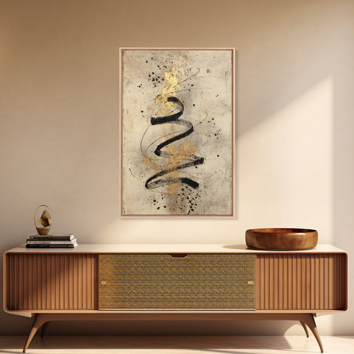 Gold Leaf Calligraphic Spiral on Plaster Surface Canvas Print, Calligraphy Art, Printable, Living Room Decor, Script, CAL-2x3-94
