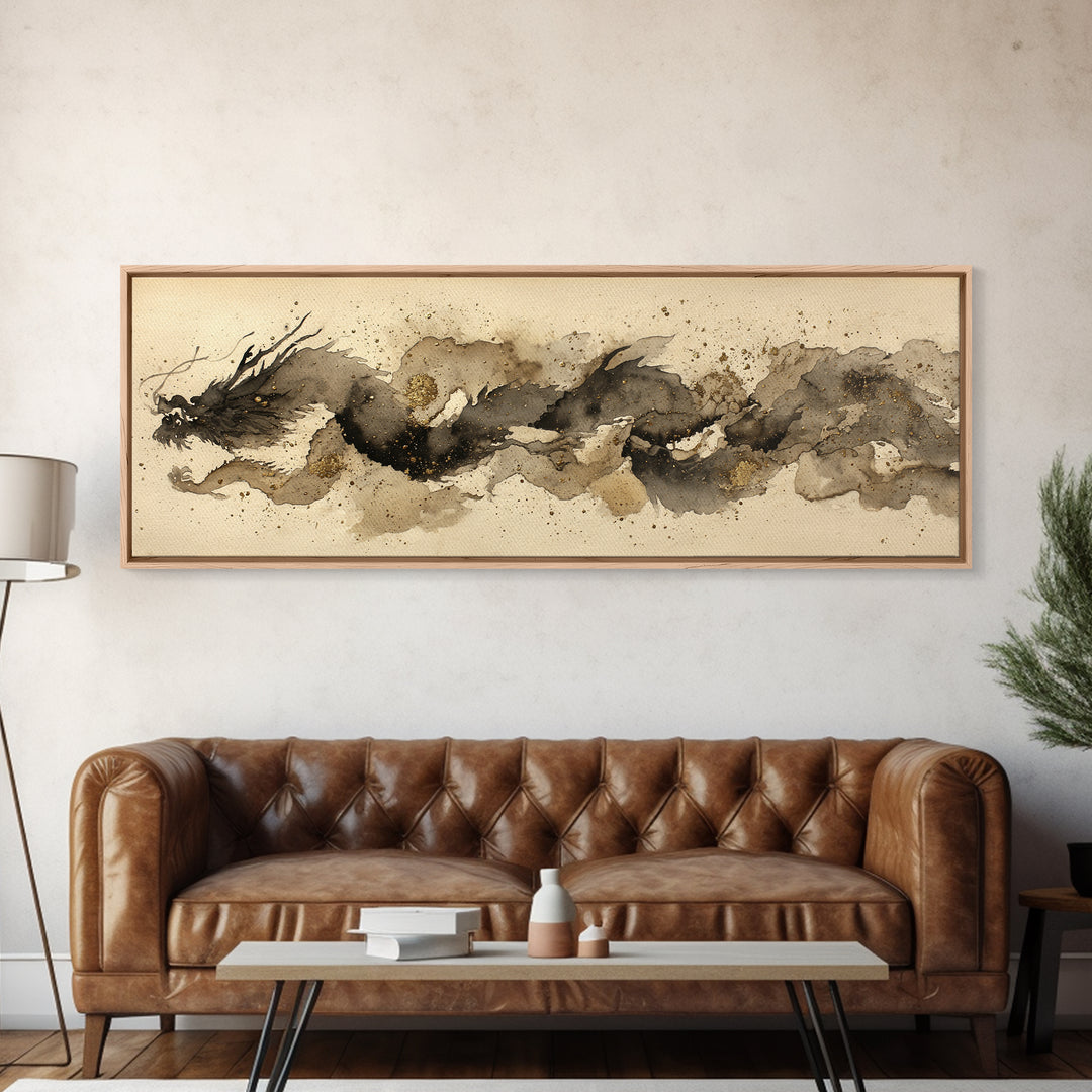 Ink Wash Dragon Curve Framed Canvas Print, Calligraphy Art, Wall Art Print, Living Room Decor, Fine Art, Script, Japanese Decor, CAL-3x1-1