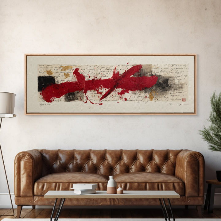 Bold Red Brushstroke Seal Abstraction Canvas Print, Calligraphy Art, Gallery Wall Set, Living Room Decor, Fine Art, Script, CAL-3x1-11