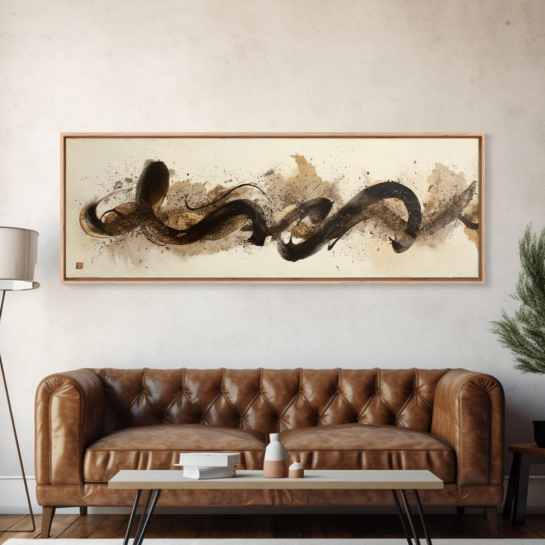 Abstract Gold Calligraphic Strokes on Ivory Paper Canvas Print, Calligraphy Art, Printable Wall Art, Living Room Decor, Script, CAL-3x1-18