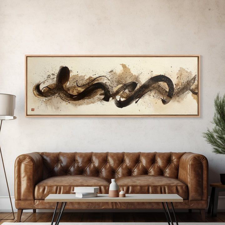 Abstract Gold Calligraphic Strokes on Ivory Paper Canvas Print, Calligraphy Art, Printable Wall Art, Living Room Decor, Script, CAL-3x1-18