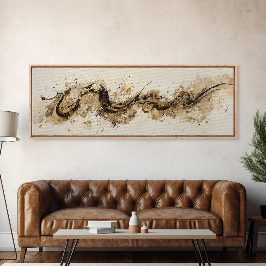 Gold Leaf Calligraphic Spiral on Plaster Surface Canvas Print, Calligraphy Art, Wall Art, Living Room Decor, Watercolor Art, CAL-3x1-30