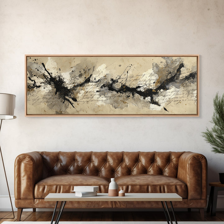 Ink Splatter and Long Brushstroke Composition Framed Canvas Print, Calligraphy Art, Quote Wall Art, Living Room Decor, Script, CAL-3x1-32