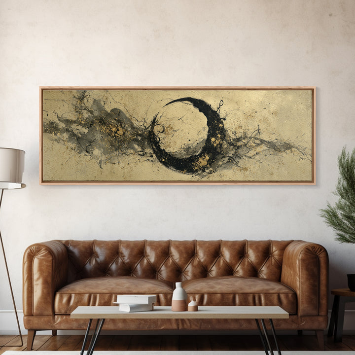 Crescent Moon Made from Elegant Ink Swashes Framed Canvas Print, Calligraphy Art, Japanese Art, Living Room Decor, Script, CAL-3x1-37