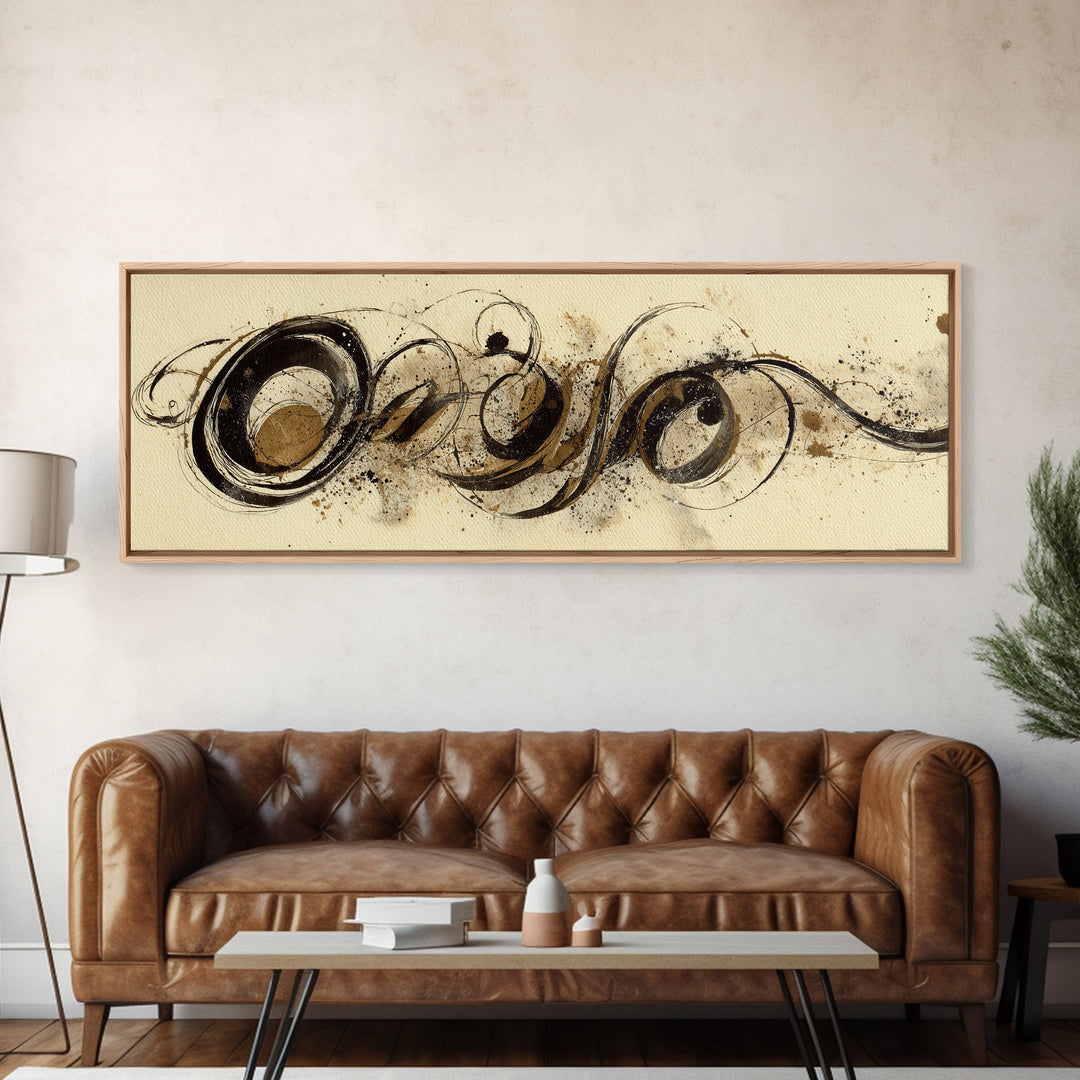 Baroque Scrollwork Made from Looping Pen Strokes Canvas Print, Calligraphy Art, Minimalist Wall Art, Living Room Decor, Script, CAL-3x1-4