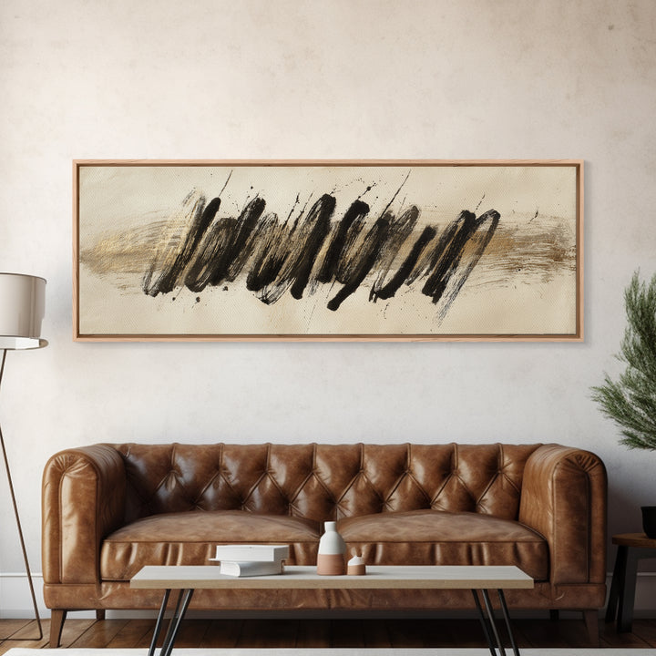 Abstract Gold Calligraphic Strokes on Ivory Paper Canvas Print, Calligraphy Art, Unique Wall Art, Living Room Decor, Script, CAL-3x1-42