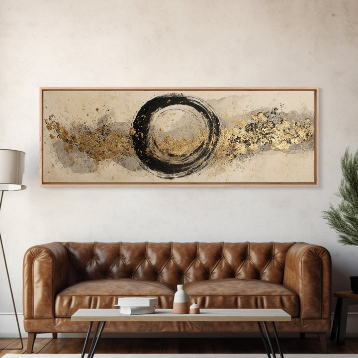 Japanese Brush Mark Circle Framed Canvas Print, Calligraphy Art, Neutral Decor, Living Room Decor, Fine Art, Script, Wall Art, CAL-3x1-44