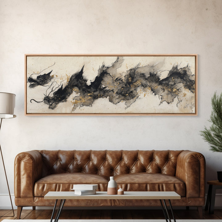 Ink Wash Dragon Curve Canvas Print, Calligraphy Art, Custom Art, Living Room Decor, Script, Neutral Decor, Modern Decor, CAL-3x1-49