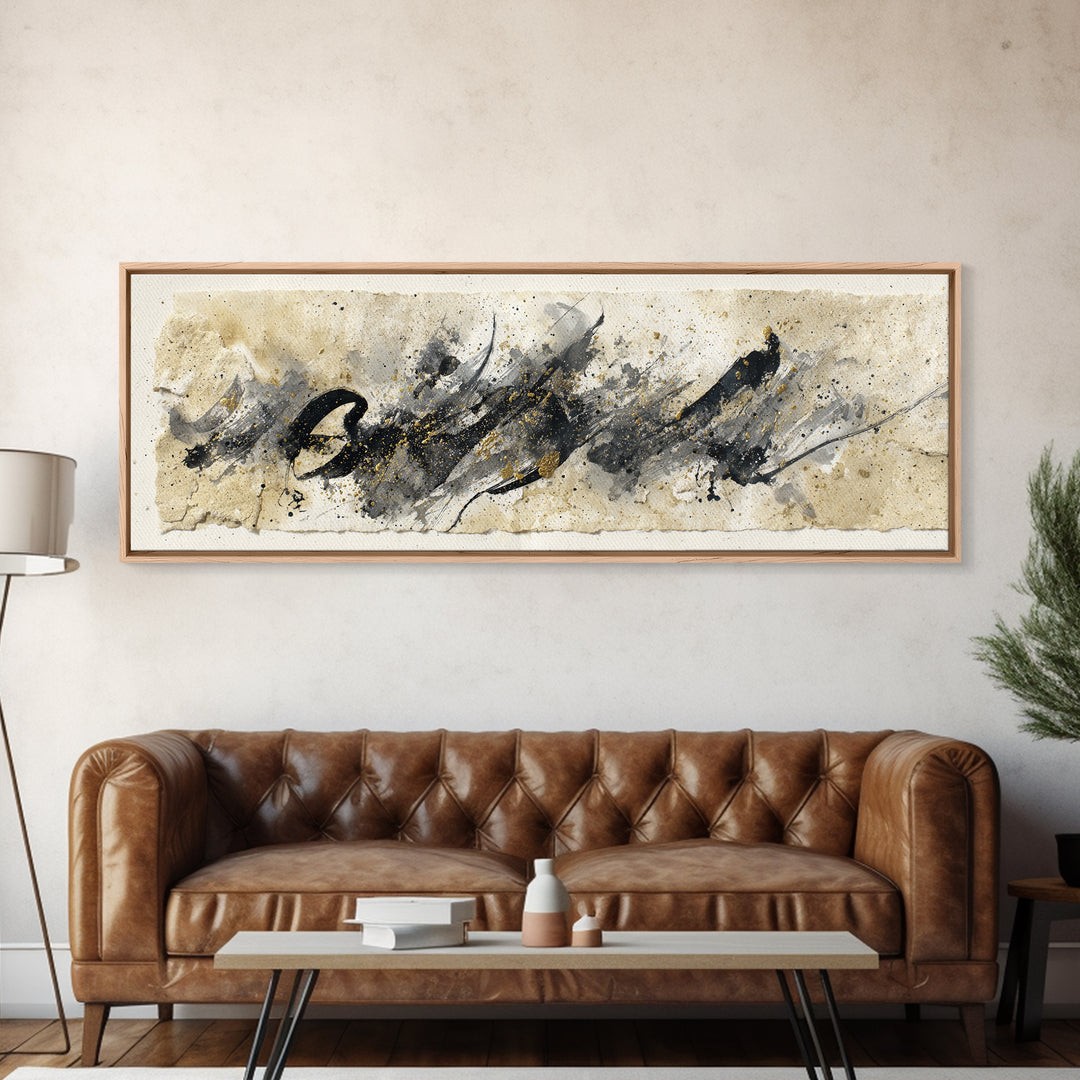 Monochrome Brush Alphabet Fragments as Abstract Texture Canvas Print, Calligraphy Art, Living Room Decor, Script, CAL-3x1-5