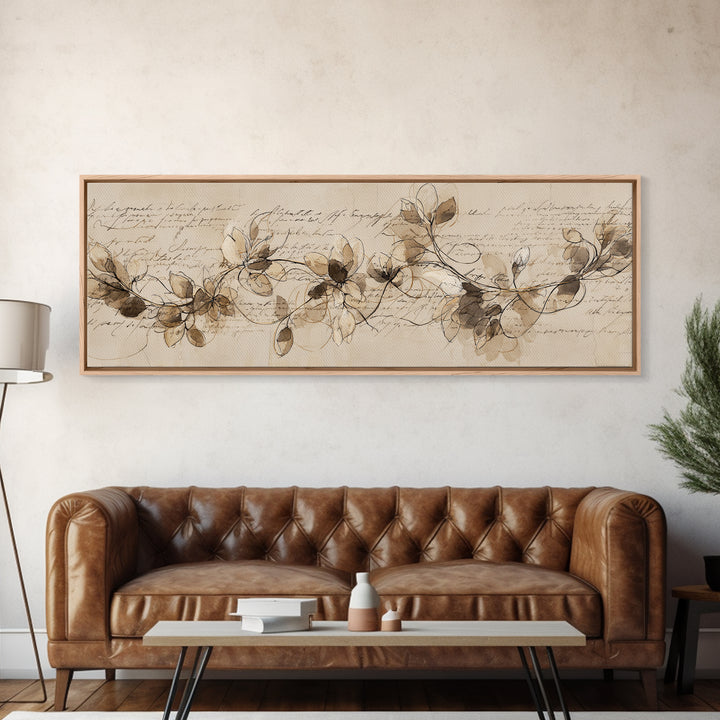 Floral Vine Created from Graceful Script Like Framed Canvas Print, Calligraphy Art, Living Room Decor, Oil Painting, Script, CAL-3x1-51