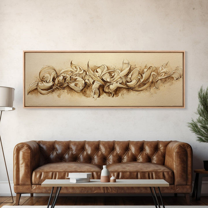 Baroque Scrollwork Made from Looping Pen Strokes Framed Canvas Print, Calligraphy Art, Room Decor, Living Room Decor, Script, CAL-3x1-52
