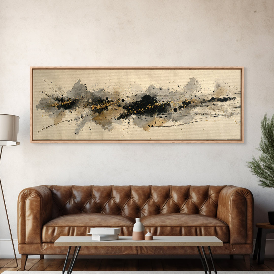 Ink Splatter and Long Brushstroke Composition Canvas Print, Calligraphy Art, Textured Painting, Living Room Decor, Script, CAL-3x1-56