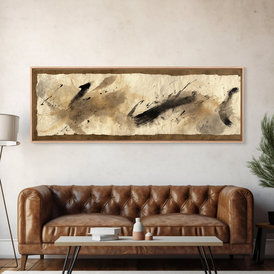 Abstract Prayer Flag of Brush Marks Framed Canvas Print, Calligraphy Art, Room Decor, Living Room Decor, Fine Art, Script, CAL-3x1-63