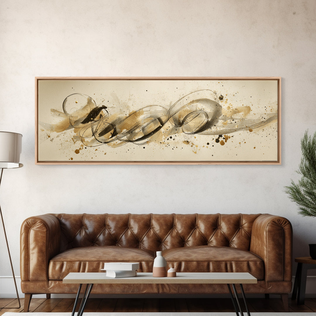 Abstract Gold Calligraphic Strokes on Ivory Paper Canvas Print, Calligraphy Art, Unique Wall Art, Living Room Decor, Script, CAL-3x1-66