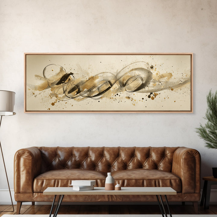 Abstract Gold Calligraphic Strokes on Ivory Paper Canvas Print, Calligraphy Art, Unique Wall Art, Living Room Decor, Script, CAL-3x1-66
