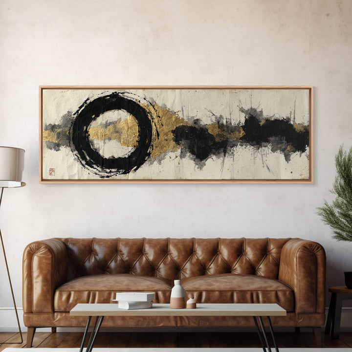 Japanese Brush Mark Circle Framed Canvas Print, Calligraphy Art, Contemporary Art, Living Room Decor, Fine Art, Script, CAL-3x1-68