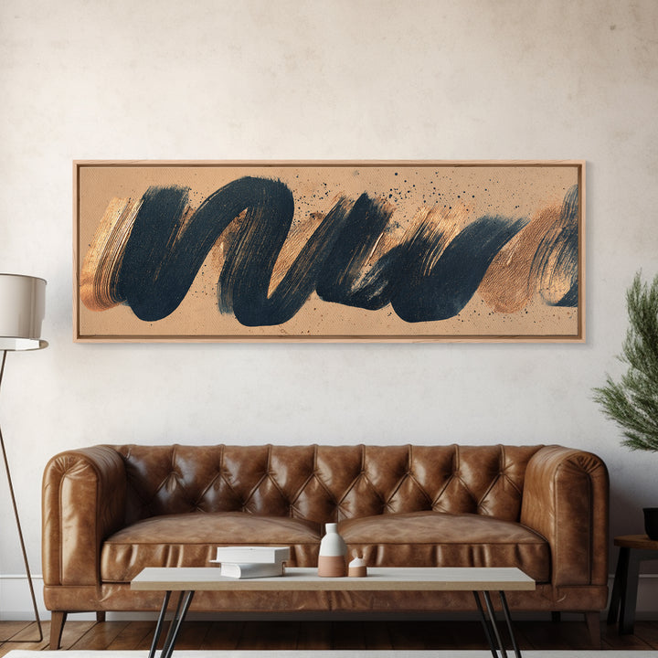 Layered Copper Ink Strokes on Dark Navy Canvas Print, Calligraphy Art, Art Print, Living Room Decor, Fine Art, Script, CAL-3x1-70