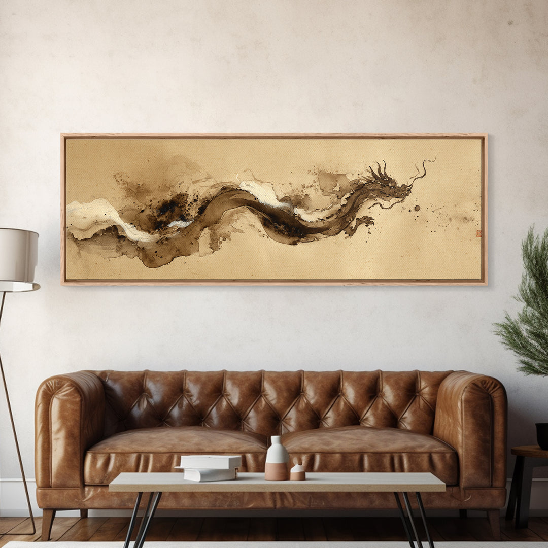 Ink Wash Dragon Curve Framed Canvas Print, Calligraphy Art, Digital Download Art, Living Room Decor, Fine Art, Script, CAL-3x1-73