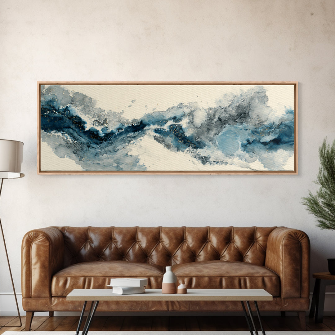 Modern Calligraphy Wave Framed Canvas Print, Calligraphy Art, Japanese Art, Living Room Decor, Fine Art, Script, Quote Wall Art, CAL-3x1-74