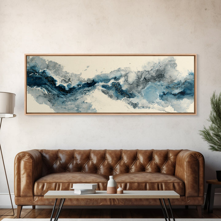 Modern Calligraphy Wave Framed Canvas Print, Calligraphy Art, Japanese Art, Living Room Decor, Fine Art, Script, Quote Wall Art, CAL-3x1-74