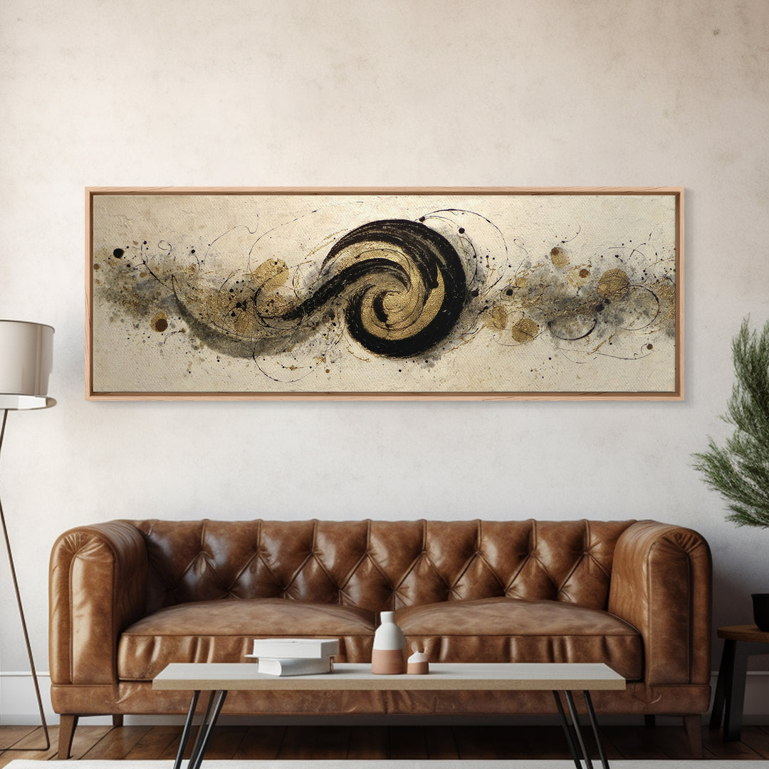 Gold Leaf Calligraphic Spiral on Plaster Surface Canvas Print, Calligraphy Art, Art, Living Room Decor, Oil Painting, Script, CAL-3x1-78