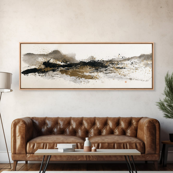 Ink Splatter and Long Brushstroke Composition Canvas Print, Calligraphy Art, Wall Art Printable, Living Room Decor, Script, CAL-3x1-8