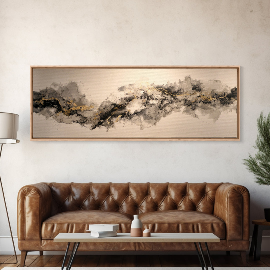 Ink Splatter and Long Brushstroke Composition Canvas Print, Calligraphy Art, Art, Living Room Decor, Fine Art, Script, CAL-3x1-80