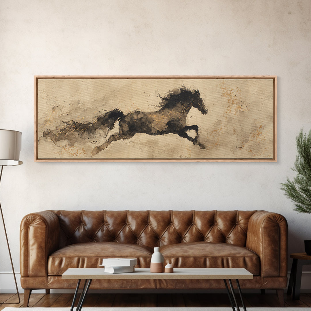 Calligraphic Horse Silhouette Made from One Line Framed Canvas Print, Calligraphy Art, Modern Art, Living Room Decor, Script, CAL-3x1-81