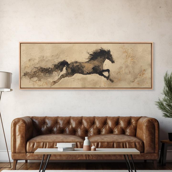 Calligraphic Horse Silhouette Made from One Line Framed Canvas Print, Calligraphy Art, Modern Art, Living Room Decor, Script, CAL-3x1-81