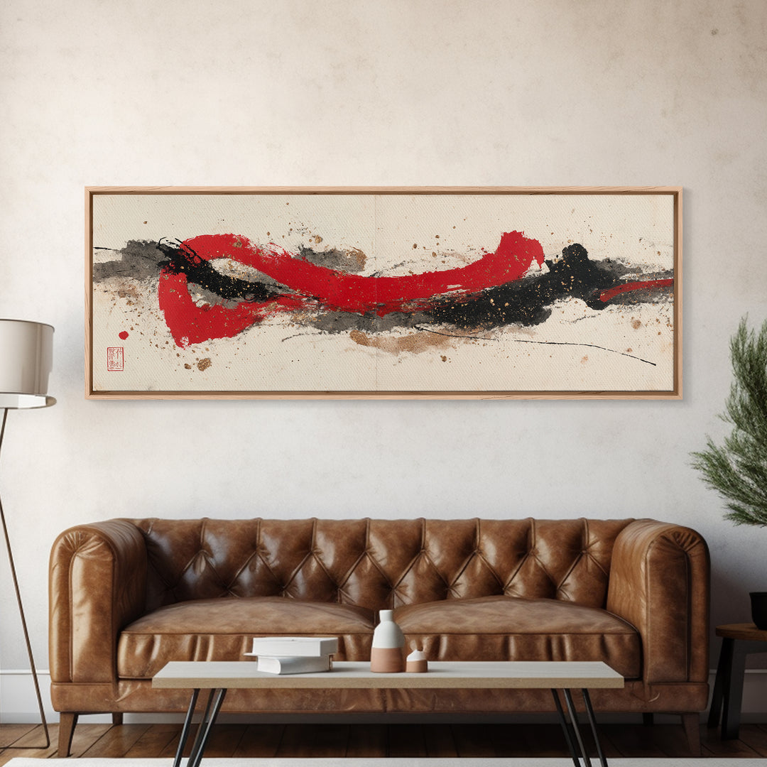 Bold Red Brushstroke Seal Abstraction Canvas Print, Calligraphy Art, Prints, Living Room Decor, Script, Bedroom Wall Decor, CAL-3x1-83