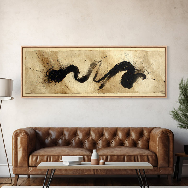 Large Sweeping Black Ink Gesture Like a Framed Canvas Print, Calligraphy Art, Quote Wall Art, Living Room Decor, Script, CAL-3x1-89