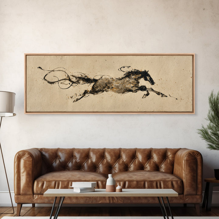 Calligraphic Horse Silhouette Made from One Line Framed Canvas Print, Calligraphy Art, Wallart, Living Room Decor, Script, CAL-3x1-9