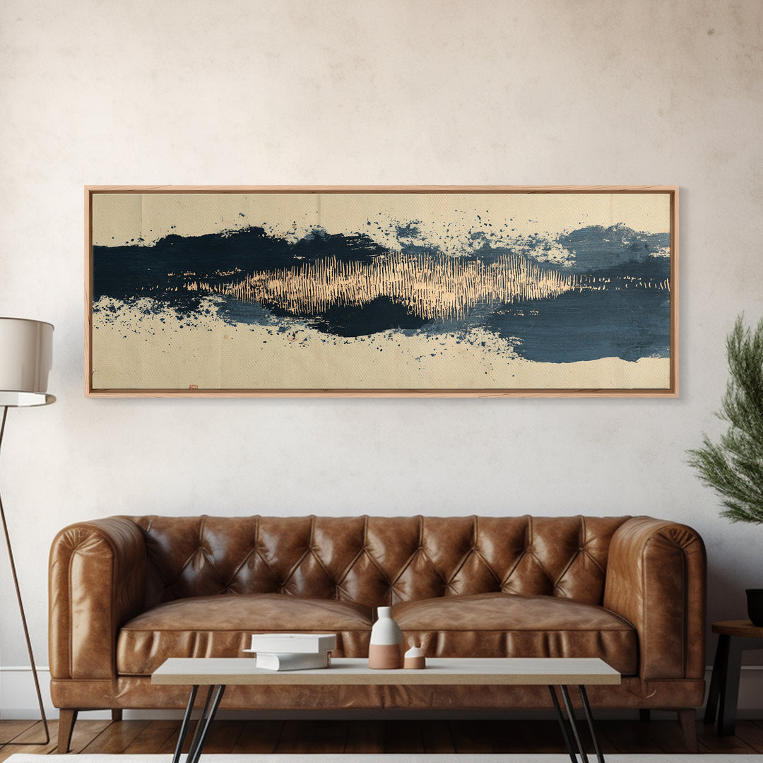 Layered Copper Ink Strokes on Dark Navy Canvas Print, Calligraphy Art, Living Room Wall Art, Living Room Decor, Script, CAL-3x1-94