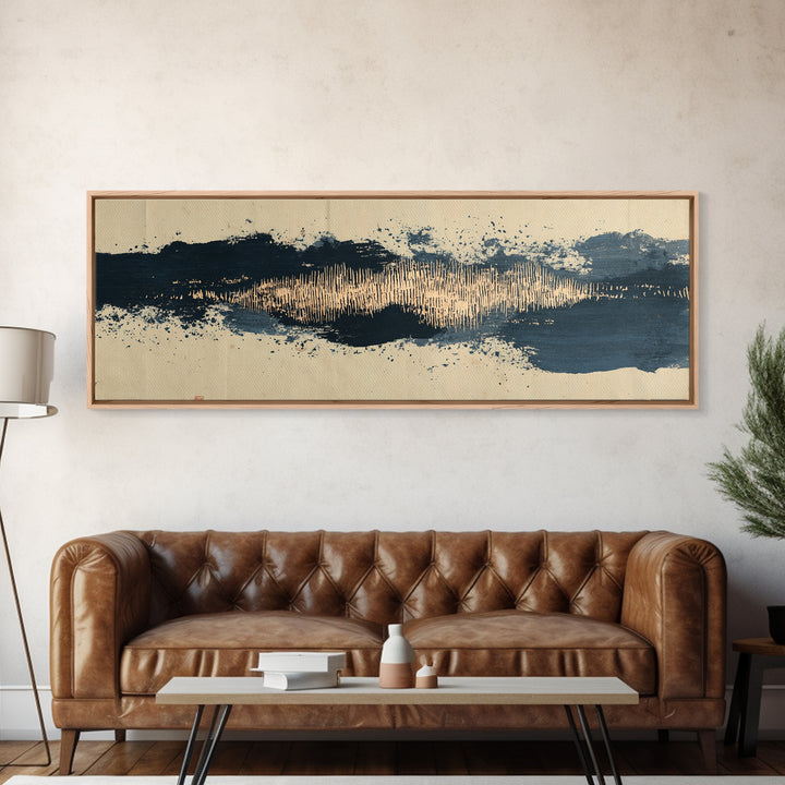 Layered Copper Ink Strokes on Dark Navy Canvas Print, Calligraphy Art, Living Room Wall Art, Living Room Decor, Script, CAL-3x1-94