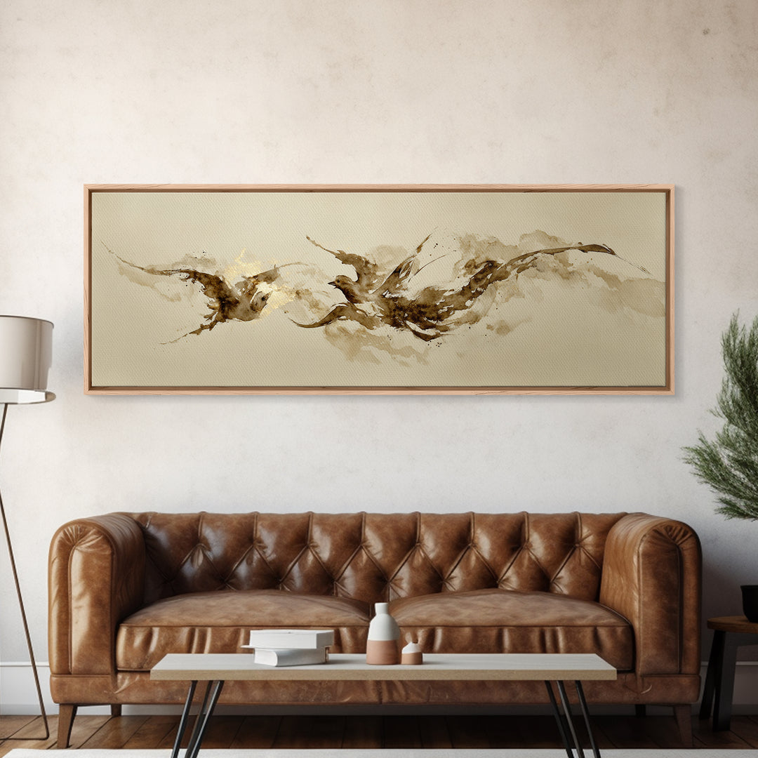 Calligraphic Bird Shape Formed from Flowing Lines Canvas Print, Calligraphy Art, Neutral Decor, Living Room Decor, Script, CAL-3x1-96