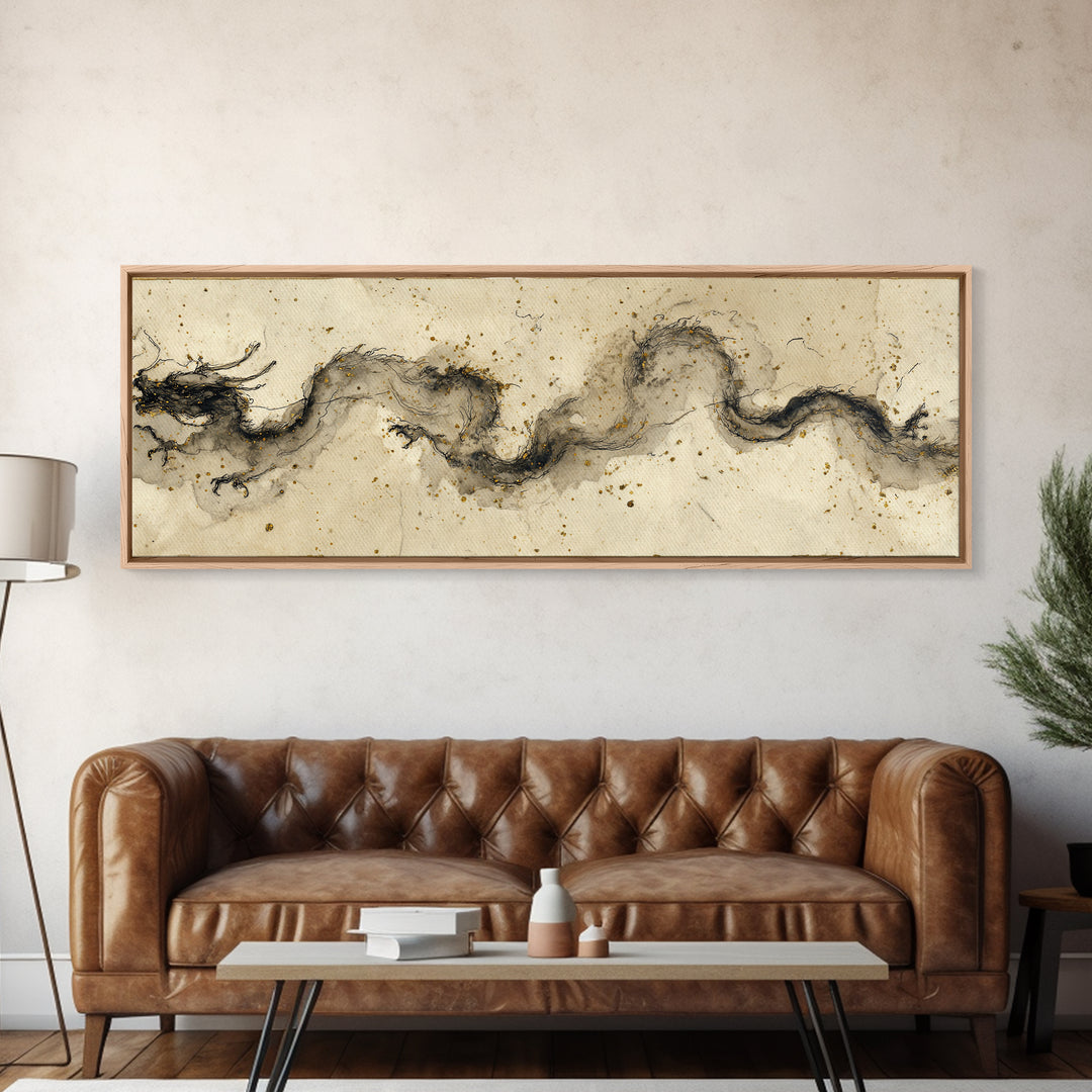 Ink Wash Dragon Curve Canvas Print, Calligraphy Art, Gallery Decor, Living Room Decor, Fine Art, Script, Contemporary Art, CAL-3x1-97