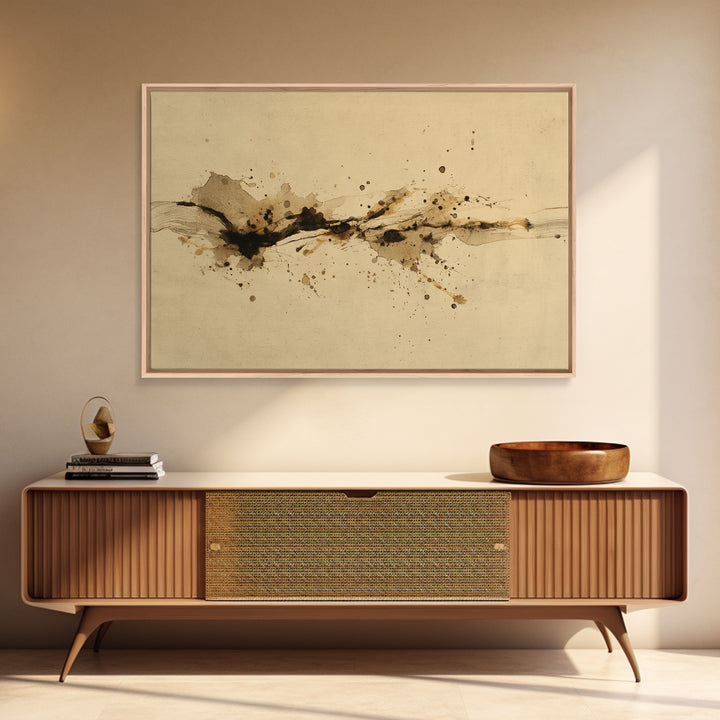 Ink Splatter and Long Brushstroke Composition Framed Canvas Print, Calligraphy Art, Unique Wall Art, Living Room Decor, Script, CAL-3x2-20
