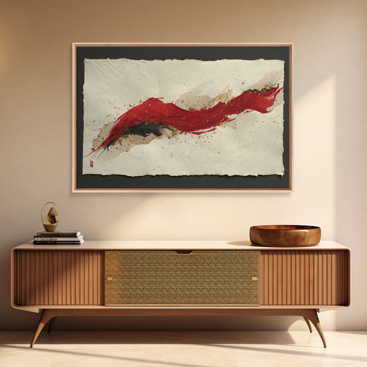 Bold Red Brushstroke Seal Abstraction Framed Canvas Print, Calligraphy Art, Japanese Art, Living Room Decor, Fine Art, Script, CAL-3x2-23