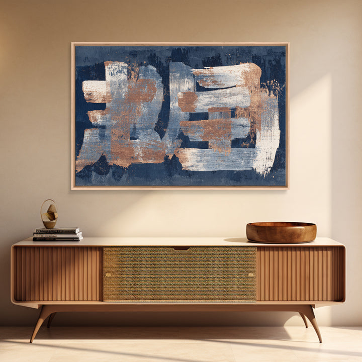 Layered Copper Ink Strokes on Dark Navy Canvas Print, Calligraphy Art, Living Room Wall Art, Living Room Decor, Script, CAL-3x2-34