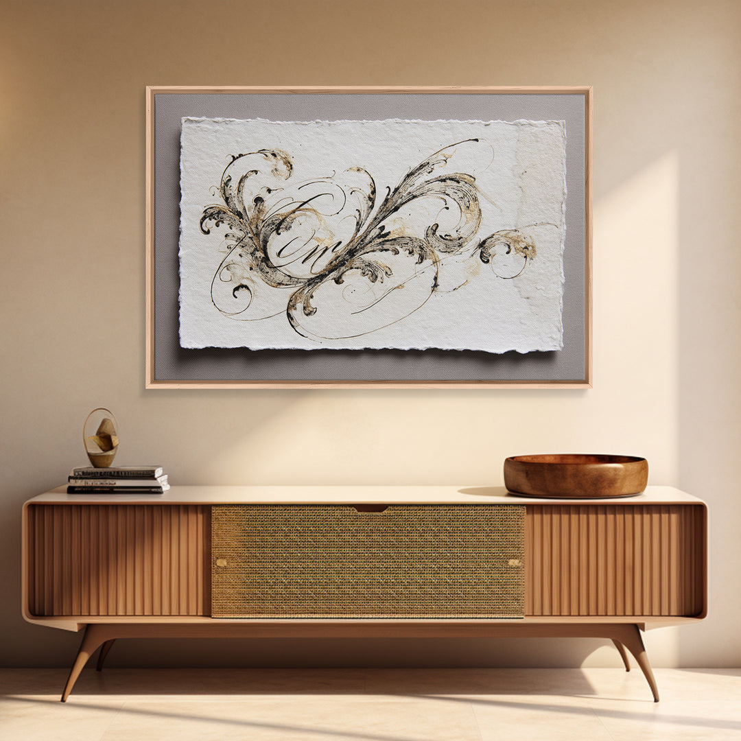 Baroque Scrollwork Made from Looping Pen Strokes Framed Canvas Print, Calligraphy Art, Custom Art, Living Room Decor, Script, CAL-3x2-40