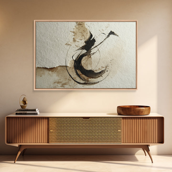 Large Sweeping Black Ink Gesture Like a Framed Canvas Print, Calligraphy Art, Custom Art, Living Room Decor, Fine Art, Script, CAL-3x2-5