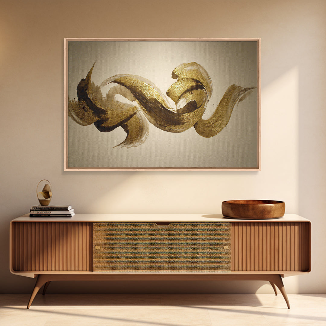 Abstract Gold Calligraphic Strokes on Ivory Paper Canvas Print, Calligraphy Art, Digital Print, Living Room Decor, Script, CAL-3x2-6