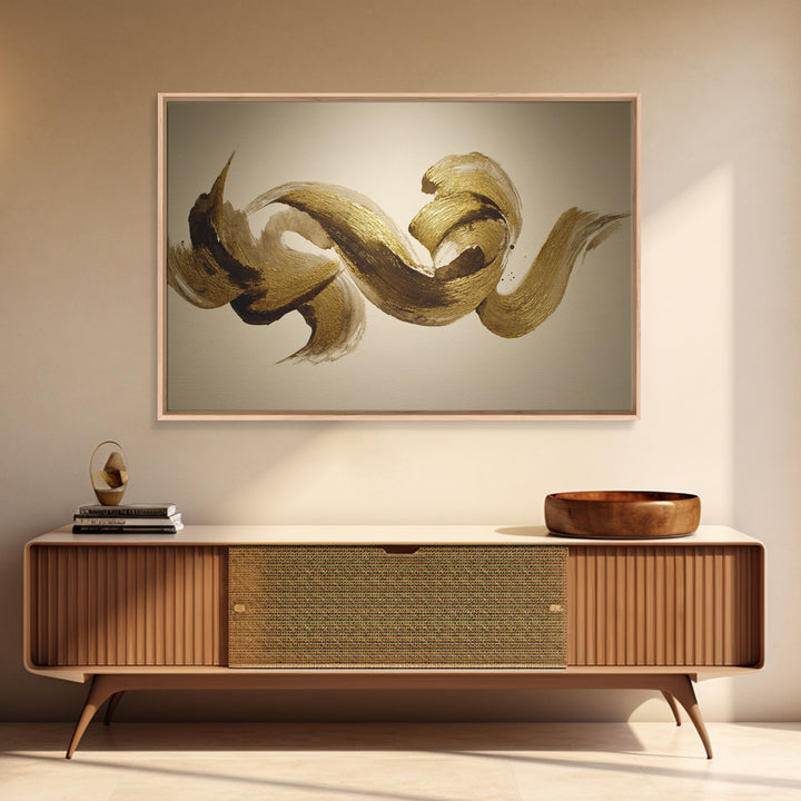 Abstract Gold Calligraphic Strokes on Ivory Paper Canvas Print, Calligraphy Art, Digital Print, Living Room Decor, Script, CAL-3x2-6