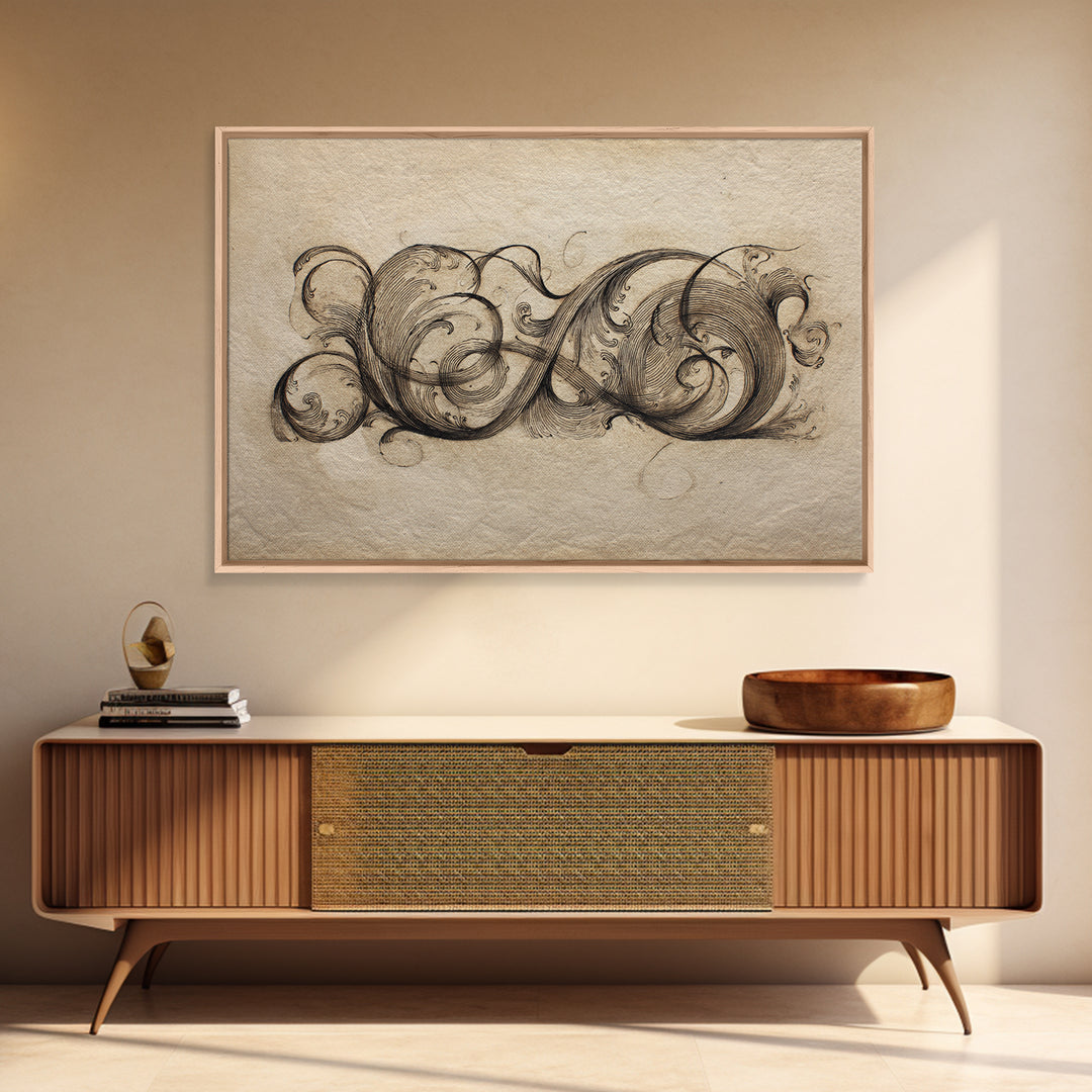 Baroque Scrollwork Made from Looping Pen Strokes Canvas Print, Calligraphy Art, Gallery Decor, Living Room Decor, Script, CAL-3x2-64
