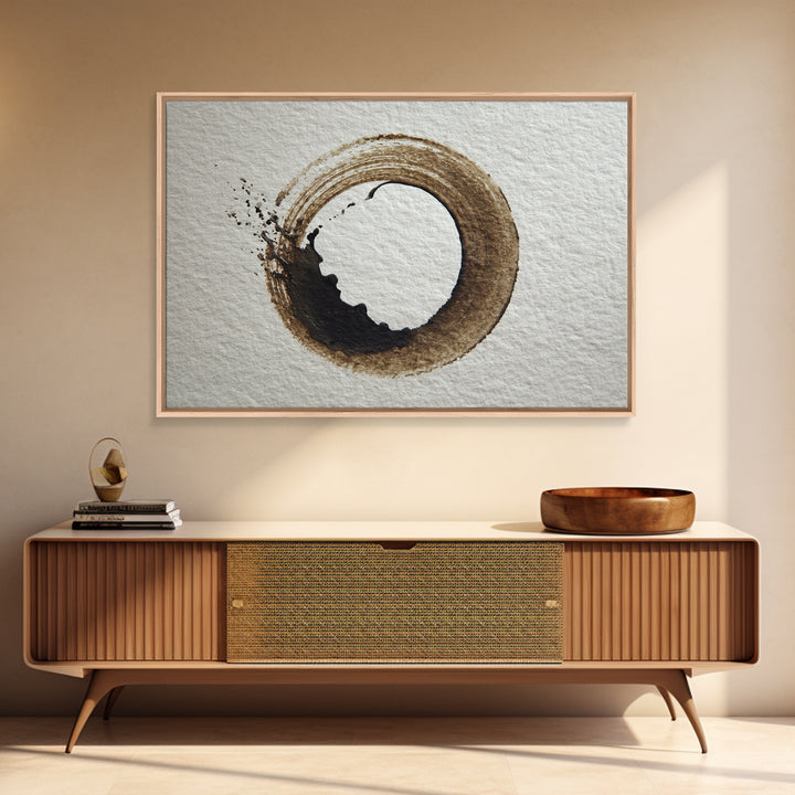 Japanese Brush Mark Circle Framed Canvas Print, Calligraphy Art, Statement Artwork, Living Room Decor, Fine Art, Script, CAL-3x2-80