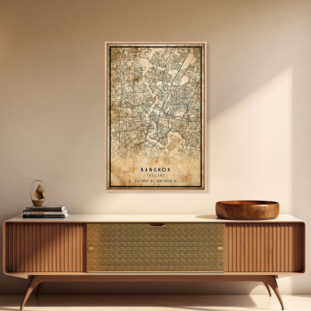 Old Bangkok City Map Wall Art Canvas Print, Vintage Style Bangkok Map, Framed Wall Art, Cool Bankok Thailand Wall Art, Office Decor